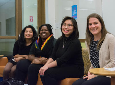 Panelists (from left to right) Rajelin Escondo, Brittney Enin, Vi Tuong Vo, and Brittany Schmitt discuss their experiences in social work.